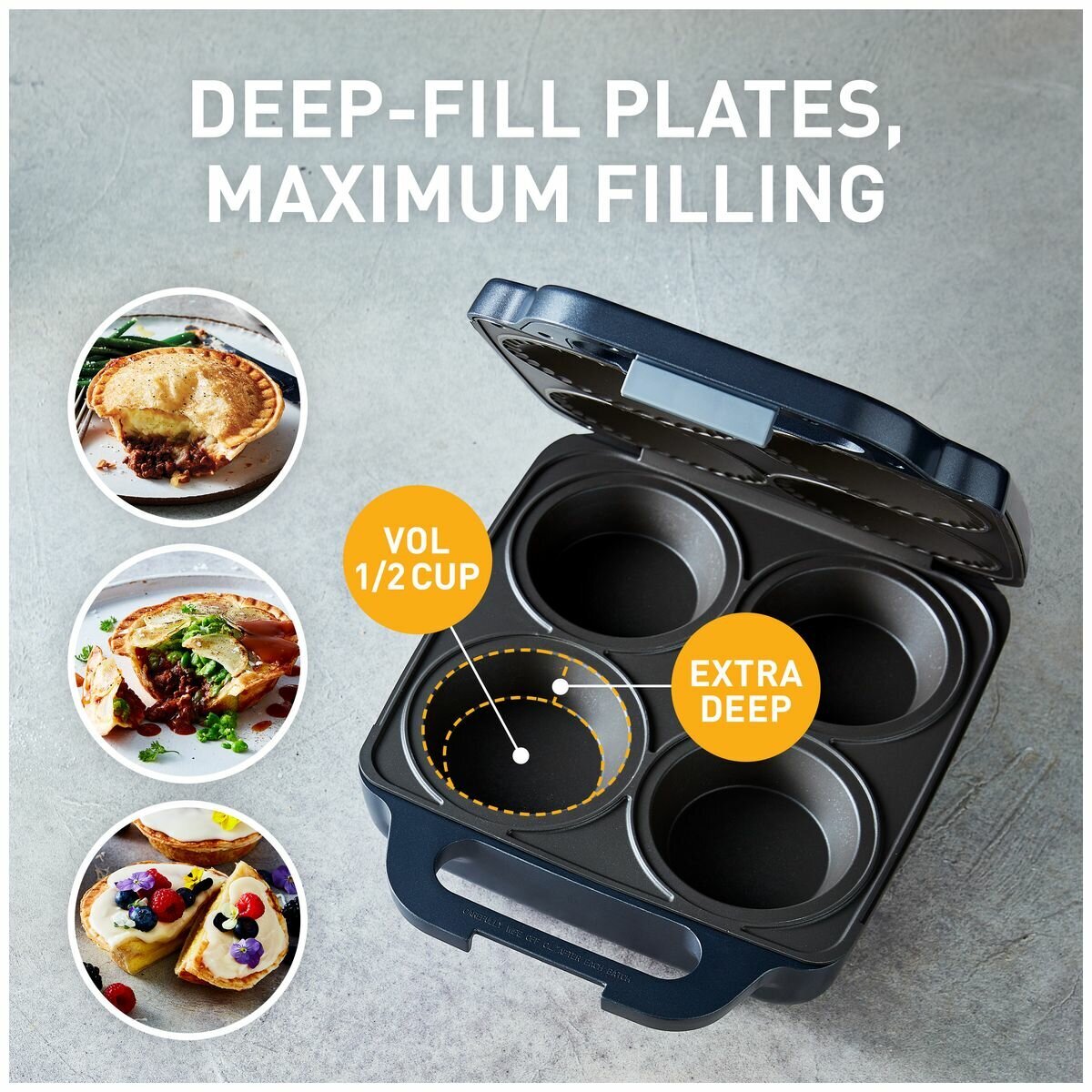 Sunbeam Pie Maker - Extra Deep Plates, Non-Stick, Pastry Cutters Included, Black - PM4800