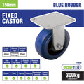 Easyroll 150mm Blue Elastic Rubber Heavy Duty Fixed Plate Castor 300kg