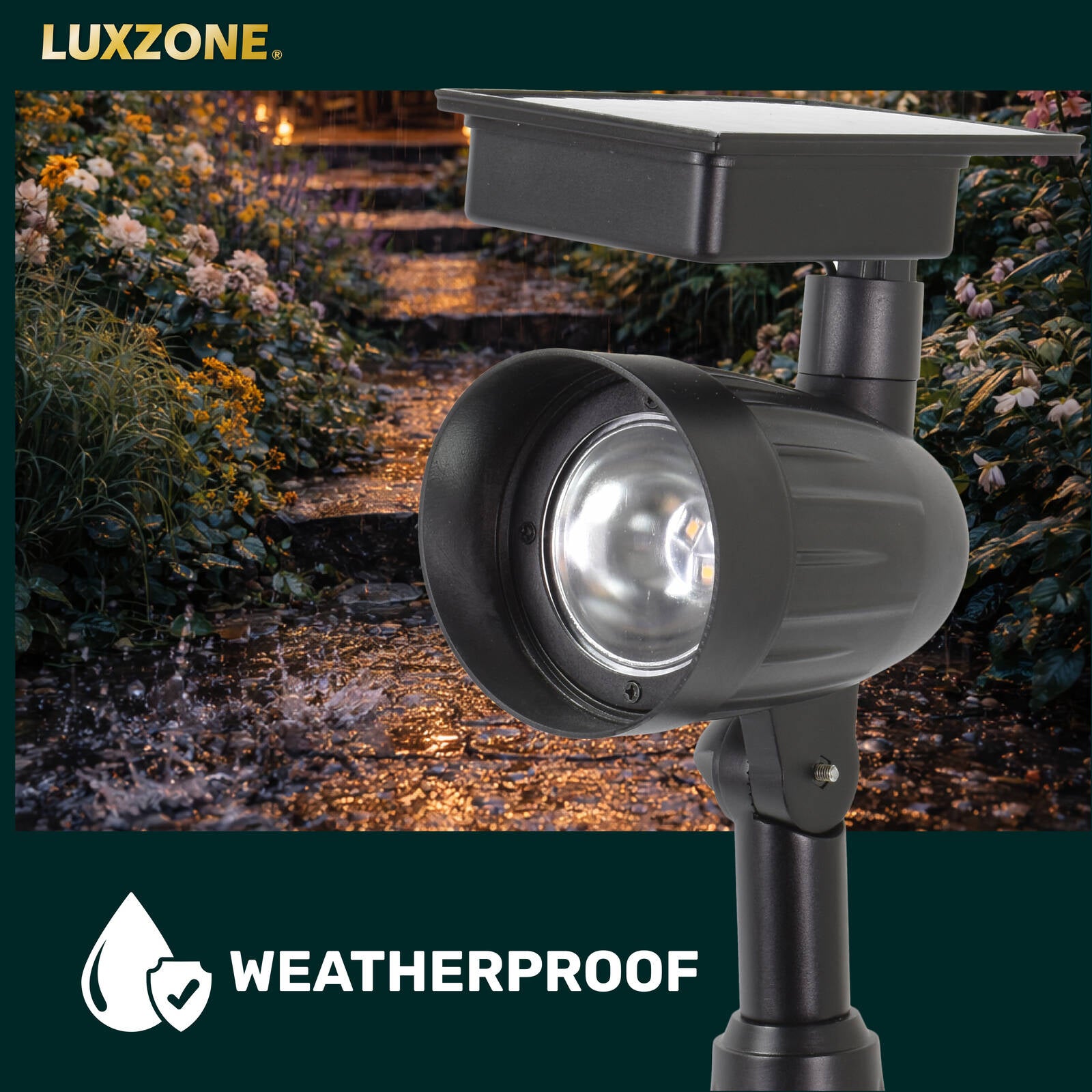 Luxzone 35cm 60lm Aluminium LED Solar Pathway Light, Adjustable Head, Weather Resistant
