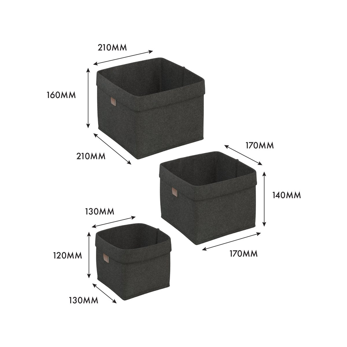 Flexi Storage Living Dark Grey Square Felt Baskets Set of 3 - 210mm x 160mm - Durable Storage Solution - SuperSaverAU - view 3