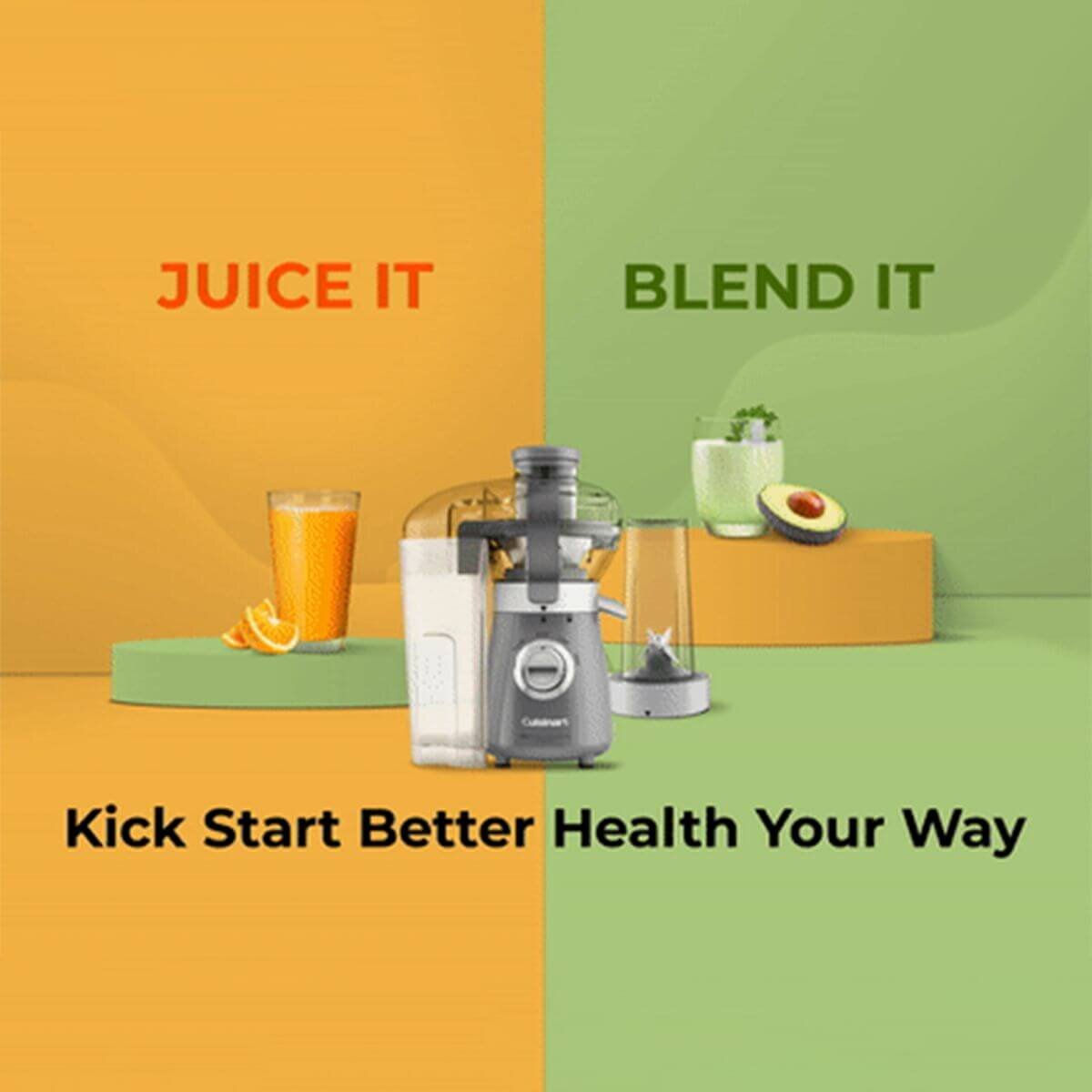Cuisinart Kick Start 2-in-1 Personal Juicer and Blender - Grey - 450W, 500ml To-Go Cup, Travel Lid - CBJ-450XA
