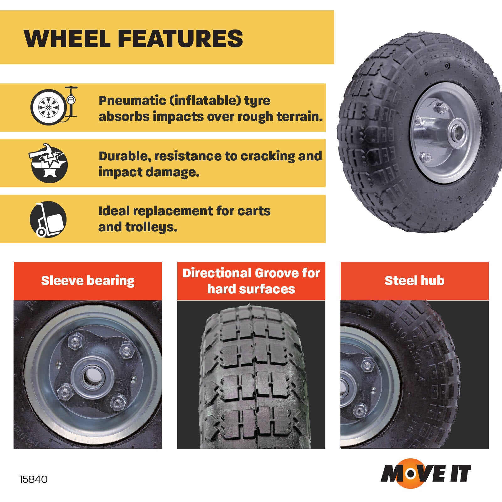Move It 3.5 x 4 inch Pneumatic Steel Trolley Wheel 5/8 inch Axle 100kg