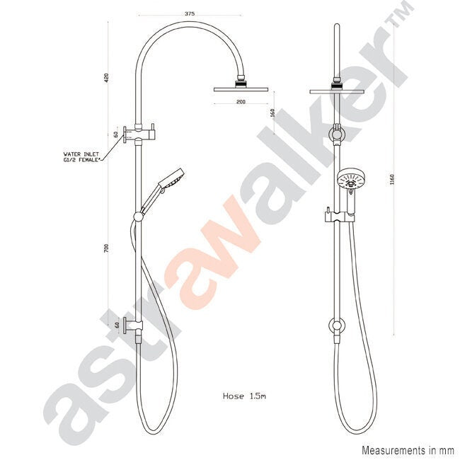 Astra Walker Icon Exposed Shower - 200mm Rose, Multi-function Hand Shower - Brushed Platinum - A69.24.V4.01