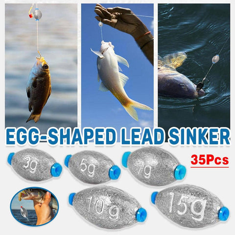 Egg Shaped Fishing Lead Sinker Set, 35 Piece with Plastic Core, 3g to 15g