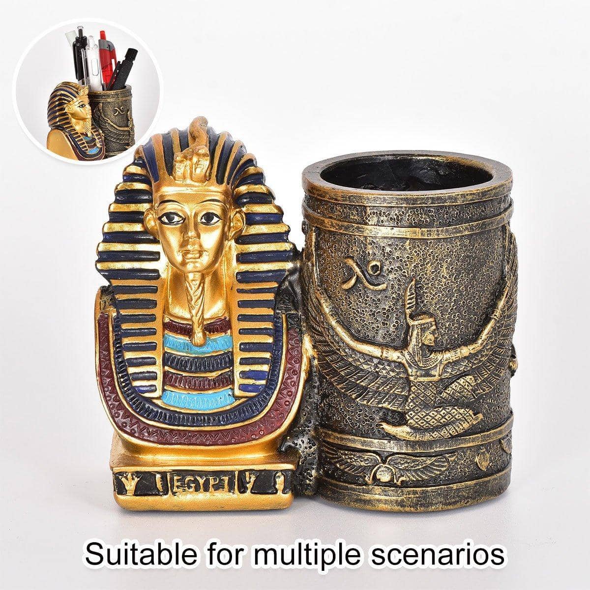 Egyptian Pharaoh Bust Pen Holder with Hieroglyphic Design - view 4