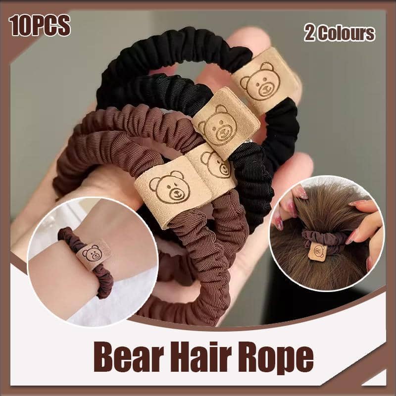 Elastic Hair Ties with Bear Tag for Women and Girls, Pack of 10 - Brown and Black