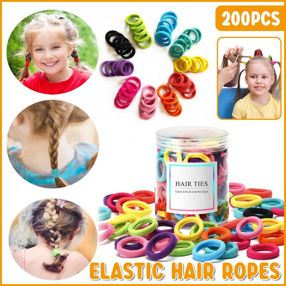 Elastic Hair Ties Seamless Rubber Bands, Assorted Colours, Pack of 200