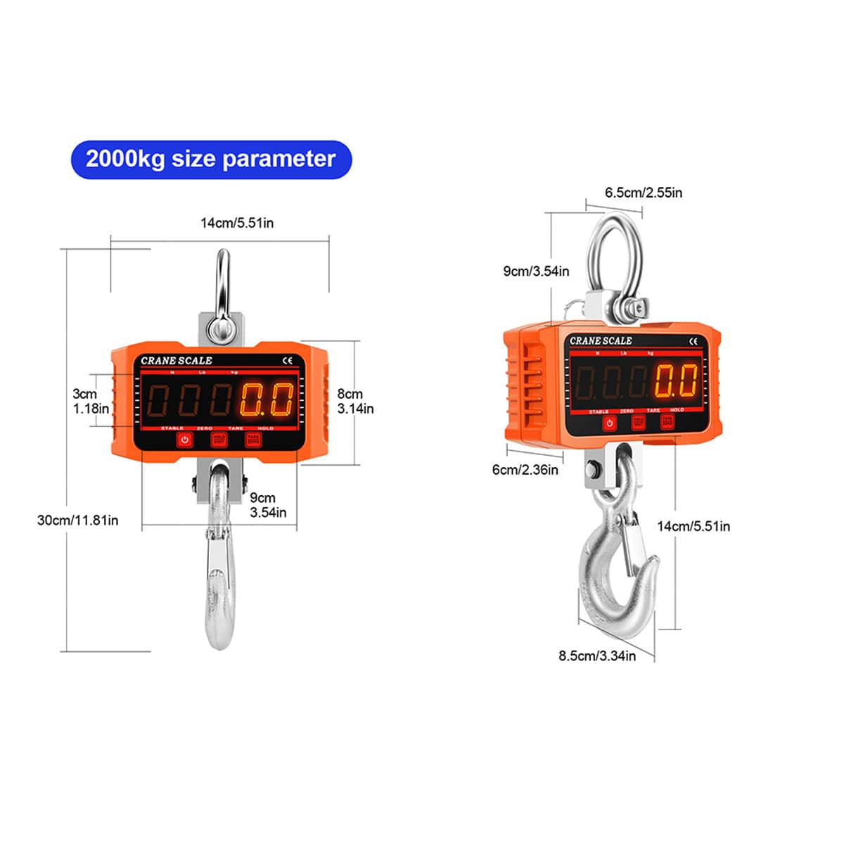Electronic Crane Scale 2000 kg Orange LED with Wireless Remote - view 3