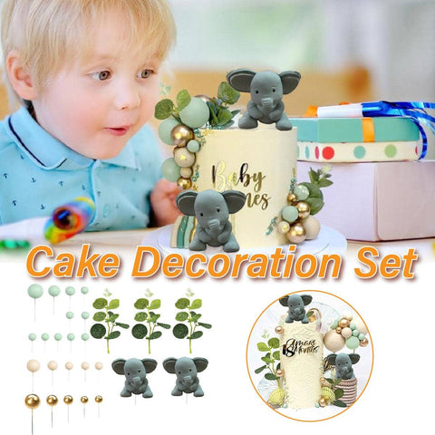 Elephant Cake Topper Decoration Set - Mint Green, Cream and Gold