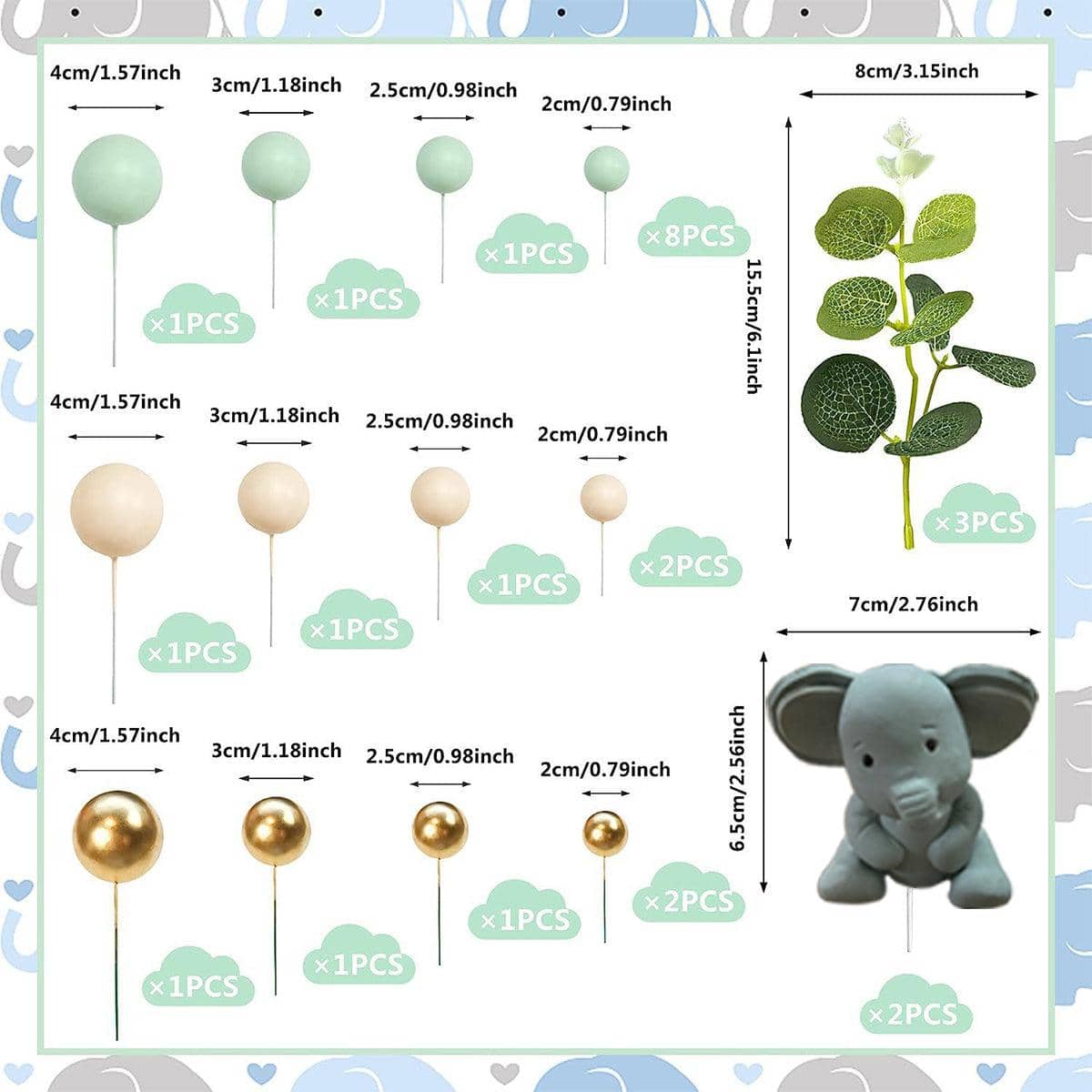 Elephant Cake Topper Decoration Set - Mint Green, Cream and Gold - view 3