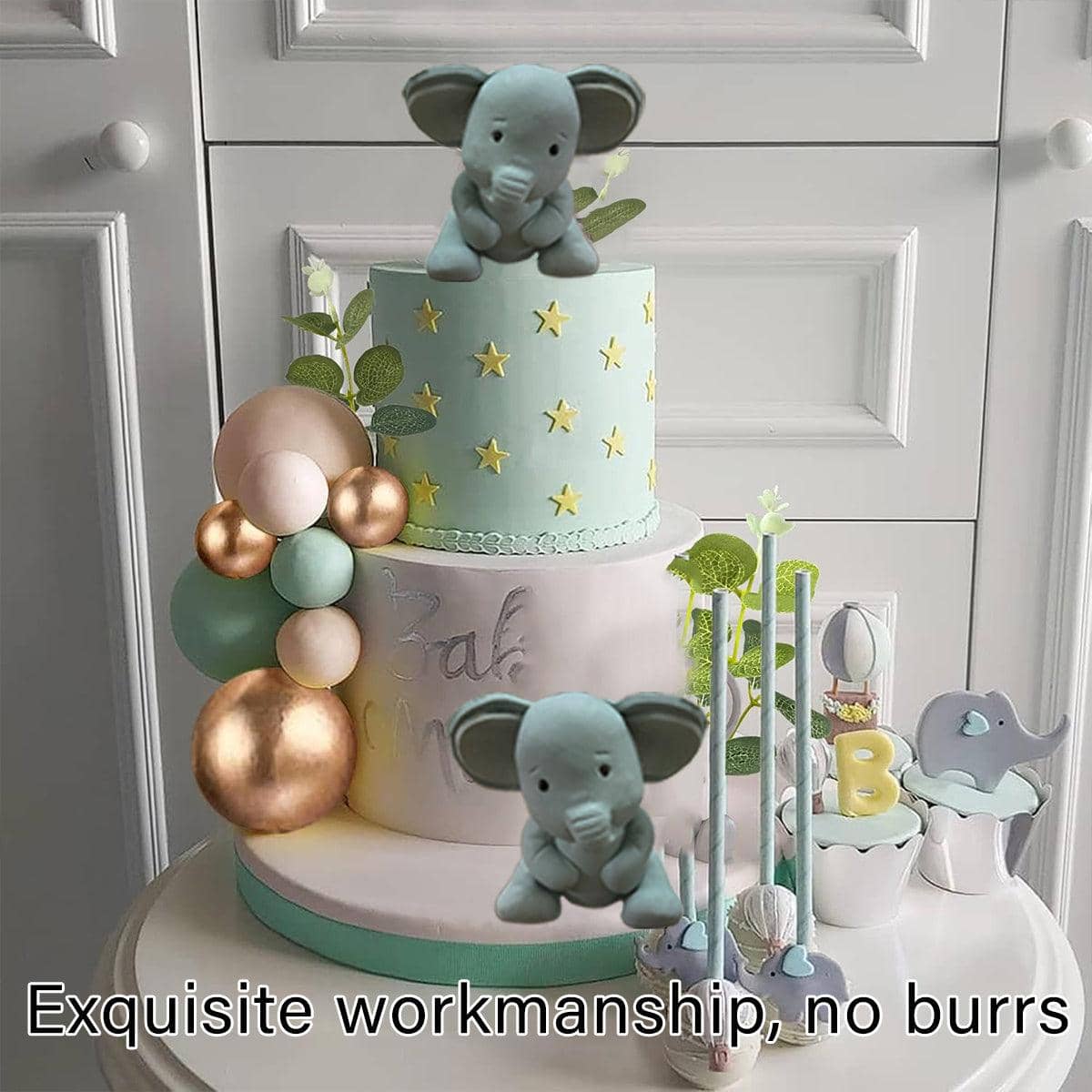 Elephant Cake Topper Decoration Set - Mint Green, Cream and Gold - view 4