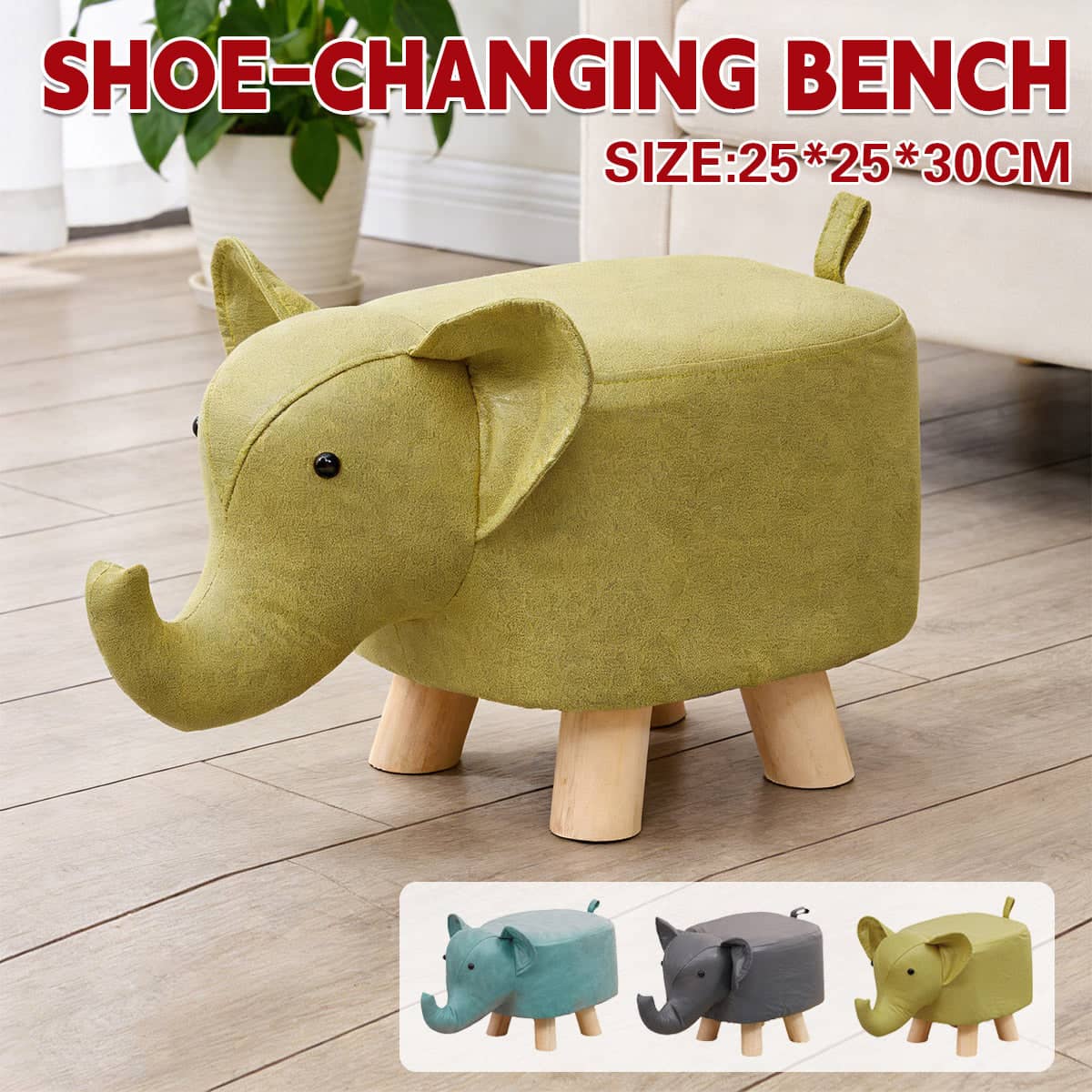 Elephant Shoe Changing Stool with Solid Wood Legs - Olive Green - view 2
