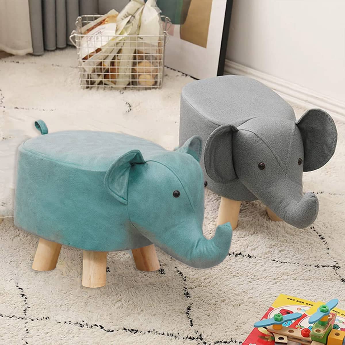Elephant Shoe Changing Stool with Solid Wood Legs - Teal - view 5