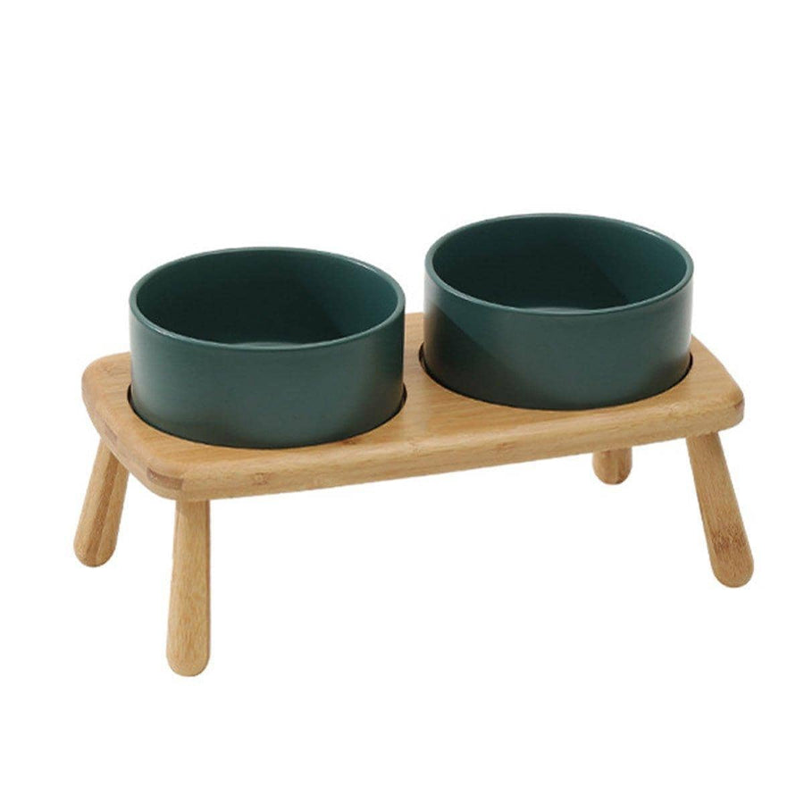 Elevated Ceramic Dog Bowl Double Set with Anti-Slip Bamboo Stand - Green