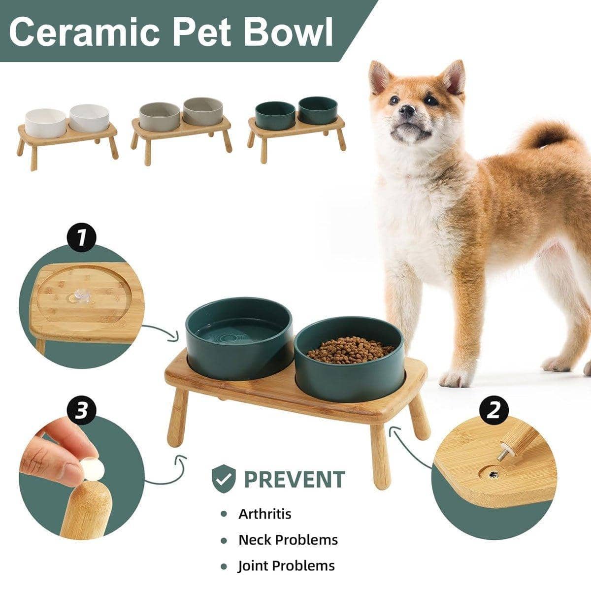 Elevated Ceramic Dog Bowl Double Set with Anti-Slip Bamboo Stand - Green - view 2