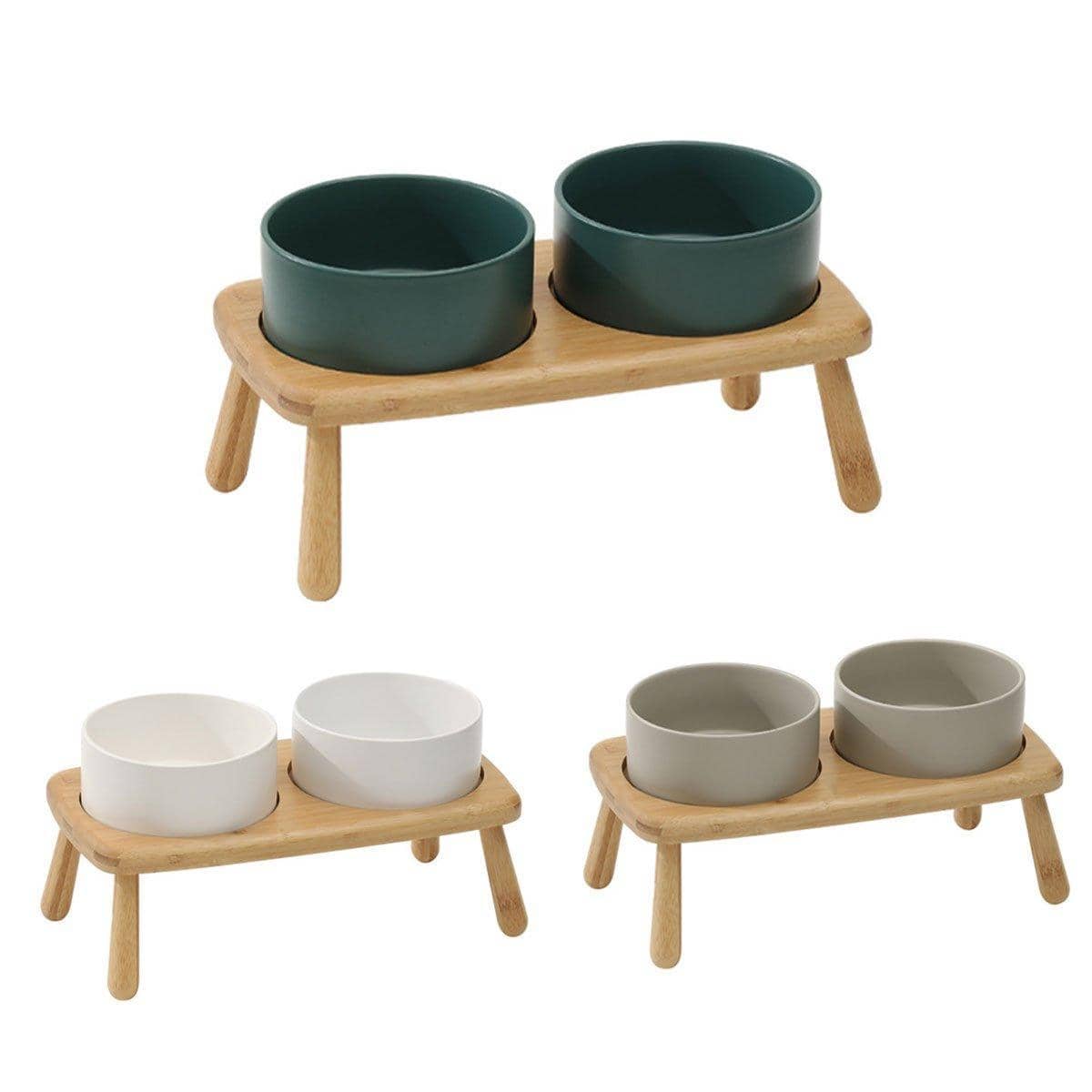 Elevated Ceramic Dog Bowl Double Set with Anti-Slip Bamboo Stand - Green - view 3