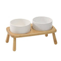 Elevated Ceramic Dog Bowl Double Set with Anti-Slip Bamboo Stand - White