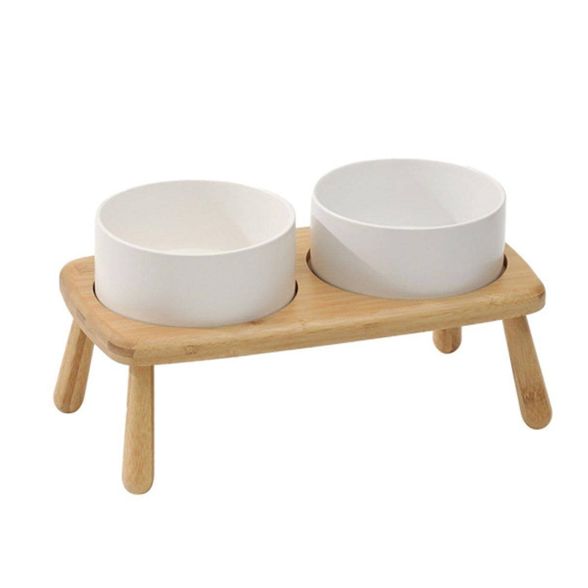 Elevated Ceramic Dog Bowl Double Set with Anti-Slip Bamboo Stand - White