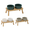 Elevated Ceramic Dog Bowl Double Set with Anti-Slip Bamboo Stand - White - view 3