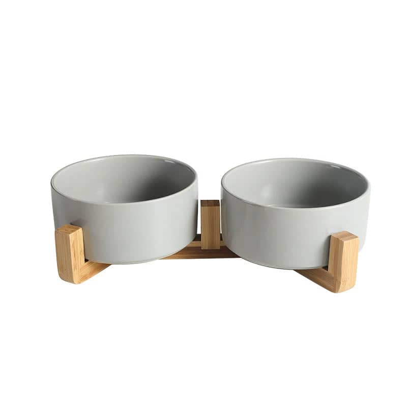Elevated Double Ceramic Pet Bowl Set with Bamboo Stand - Grey