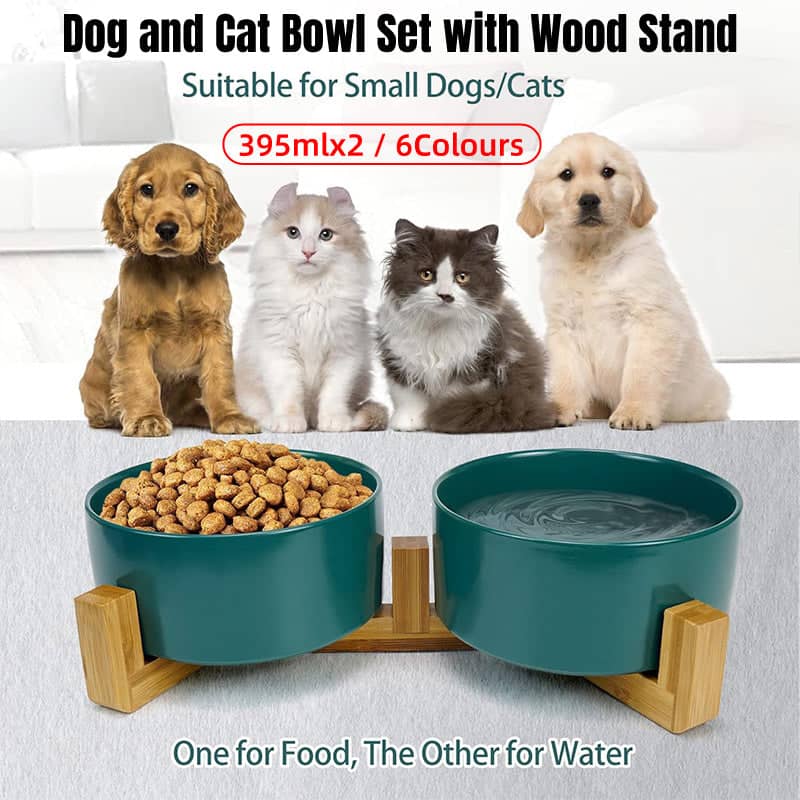 Elevated Double Ceramic Pet Bowl Set with Bamboo Stand - Grey - view 2