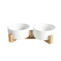 Elevated Double Ceramic Pet Bowl Set with Bamboo Stand - White