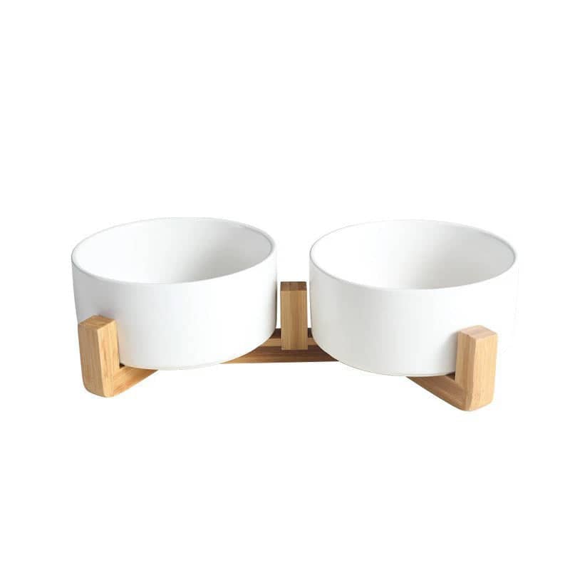 Elevated Double Ceramic Pet Bowl Set with Bamboo Stand - White