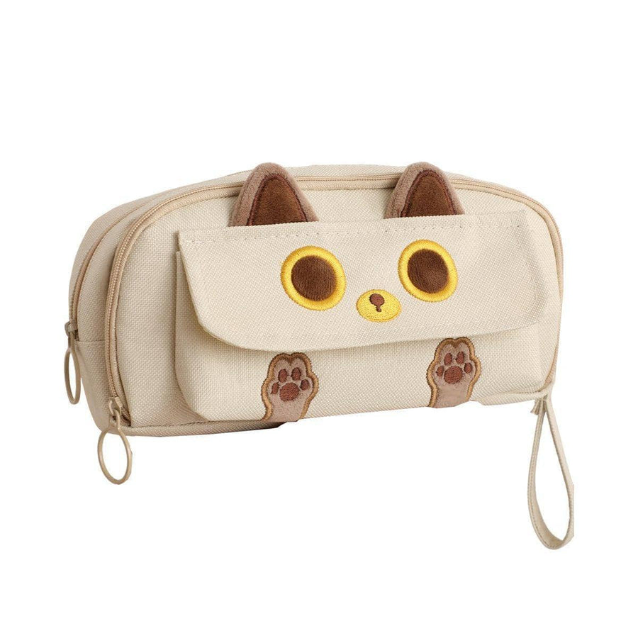 Embroidered Cat Pencil Case, Large Capacity - Beige