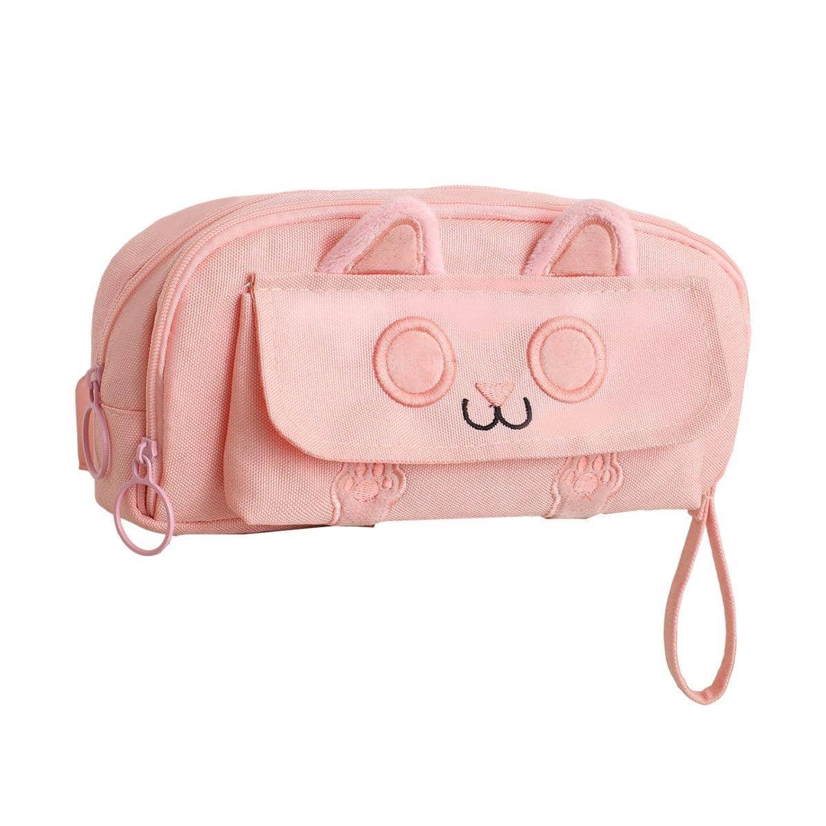Embroidered Cat Pencil Case, Large Capacity - Pink