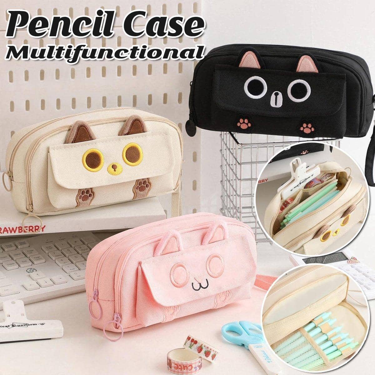 Embroidered Cat Pencil Case, Large Capacity - Pink - view 2