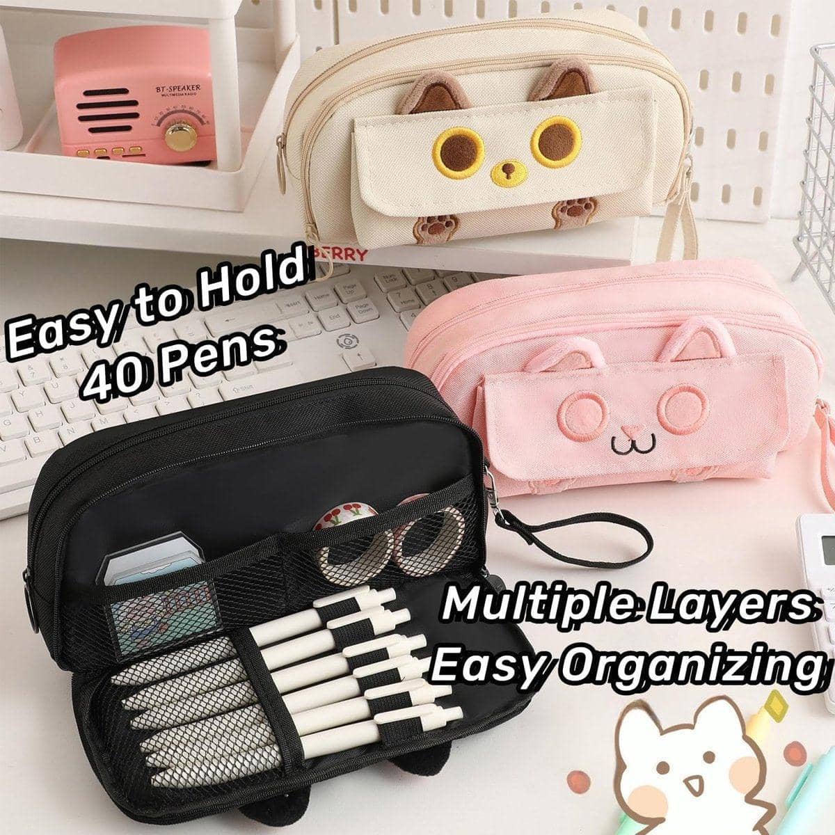 Embroidered Cat Pencil Case, Large Capacity - Pink - view 5