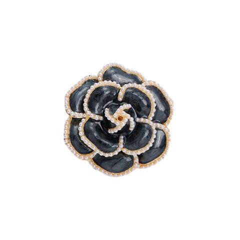 Enamel Camellia Rose Flower Brooch with Pearl, Alloy Coat Pin - Black