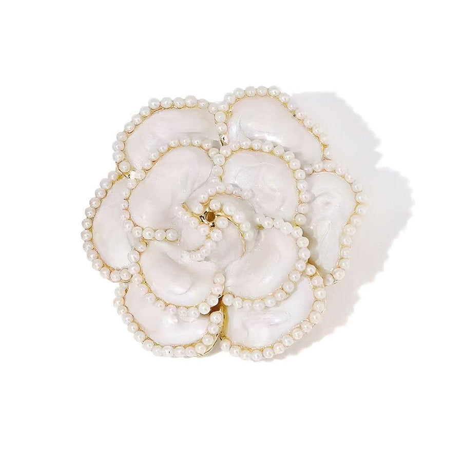 Enamel Camellia Rose Flower Brooch with Pearl, Alloy Coat Pin - White