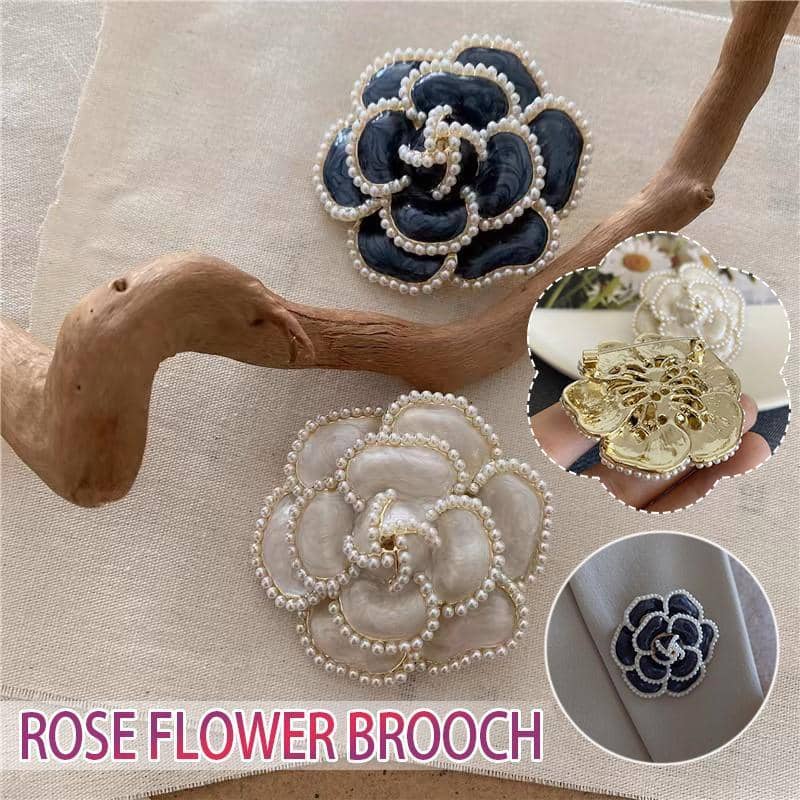 Enamel Camellia Rose Flower Brooch with Pearl, Alloy Coat Pin - White - view 2