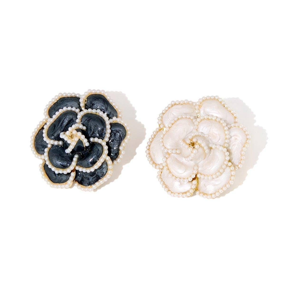 Enamel Camellia Rose Flower Brooch with Pearl, Alloy Coat Pin - White - view 3