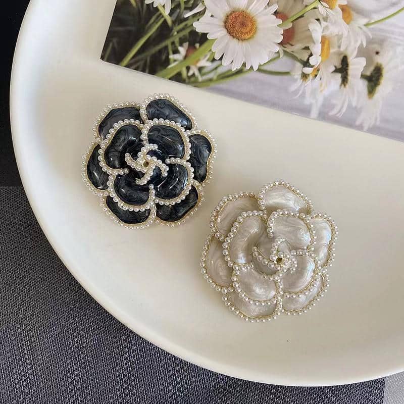 Enamel Camellia Rose Flower Brooch with Pearl, Alloy Coat Pin - White - view 4