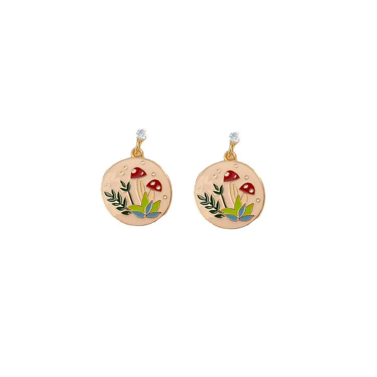 Enamel Drop Earrings - Mushroom and Leaf Disc