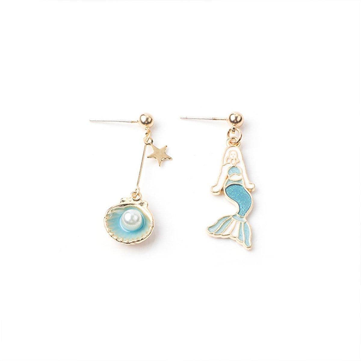 Enamel Mismatched Earrings - Mermaid and Pearl Shell