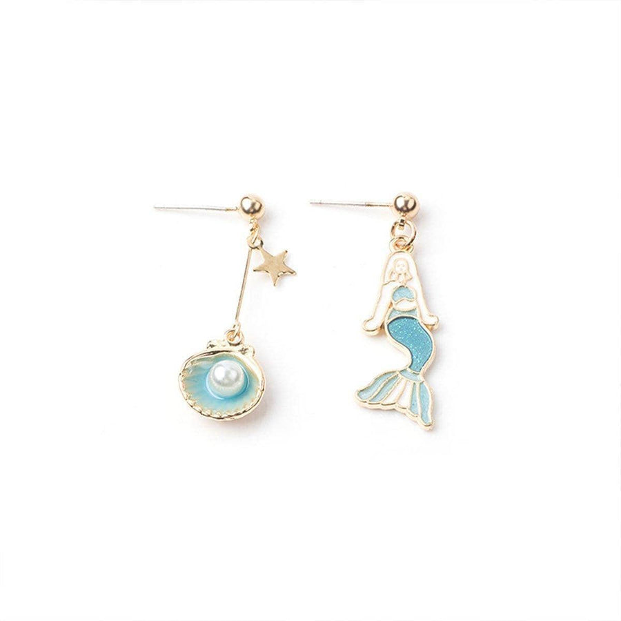 Enamel Mismatched Earrings - Mermaid and Pearl Shell