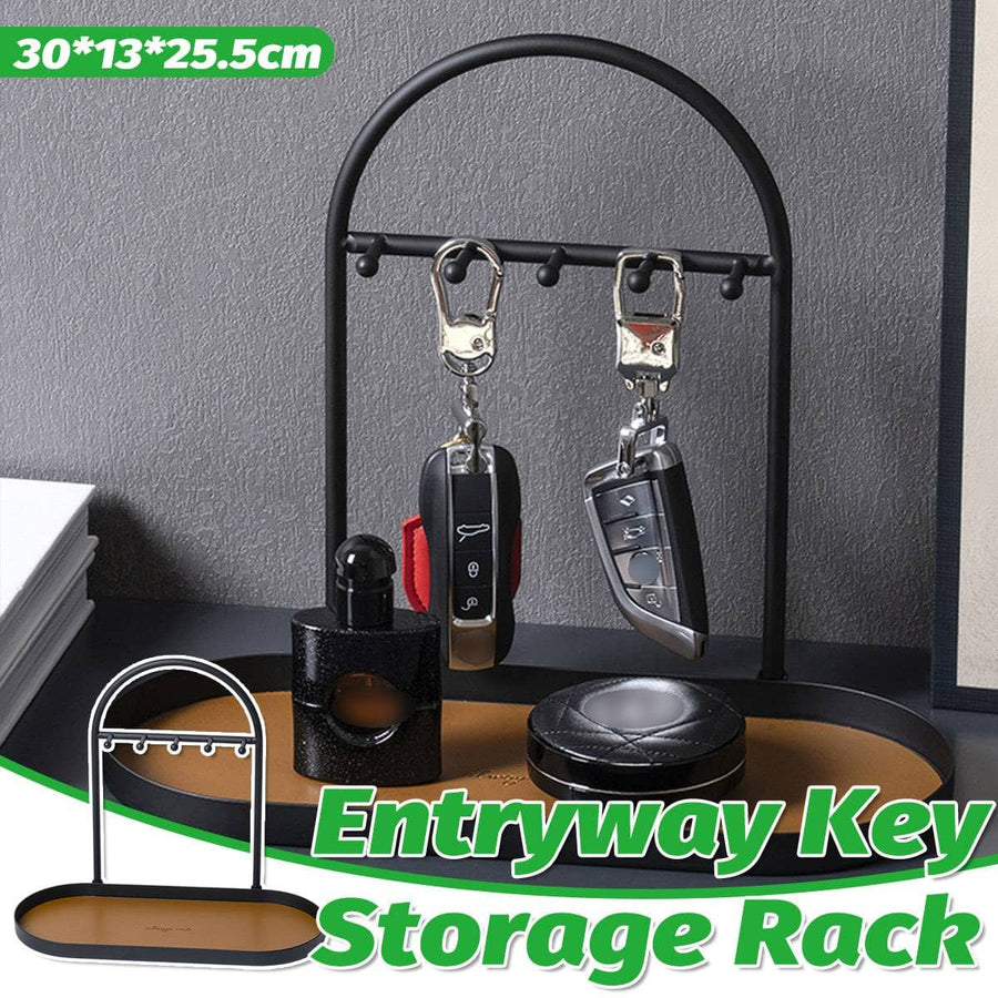 Entryway Iron Key Storage Rack with Leather-Lined Tray, 5 Hook Hanging Organiser