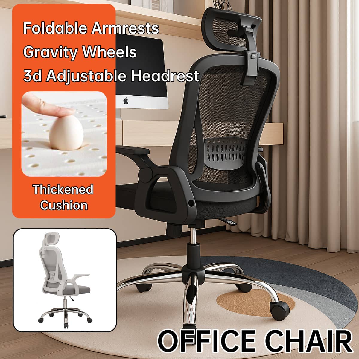 Ergonomic Mesh Office Chair with 3D Adjustable Headrest and Foldable Armrests - Grey - view 2