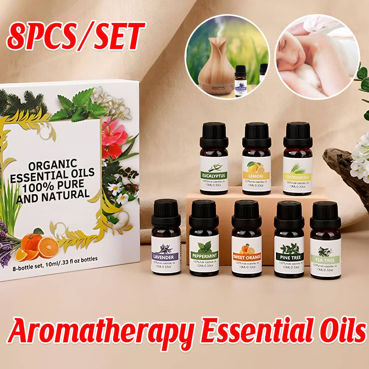 Essential Oil Set of 8 Plant Aromatherapy Oils, 10 ml Bottles for Diffusers and Massage