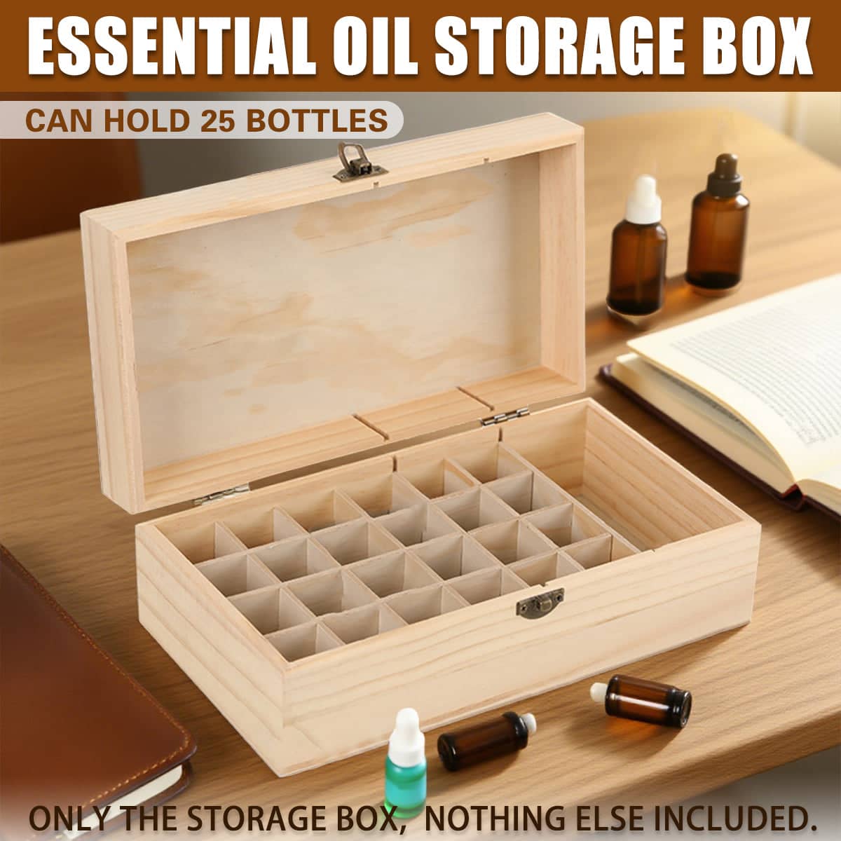 Essential Oil Storage Box in Solid Wood, 25 Slots, 15 x 27.5 x 10 cm