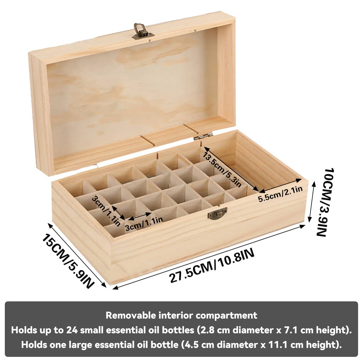 Essential Oil Storage Box in Solid Wood, 25 Slots, 15 x 27.5 x 10 cm - view 3