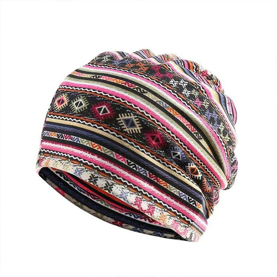 Ethnic Style Cotton Turban Cap for Women - Pink Geometric Stripe