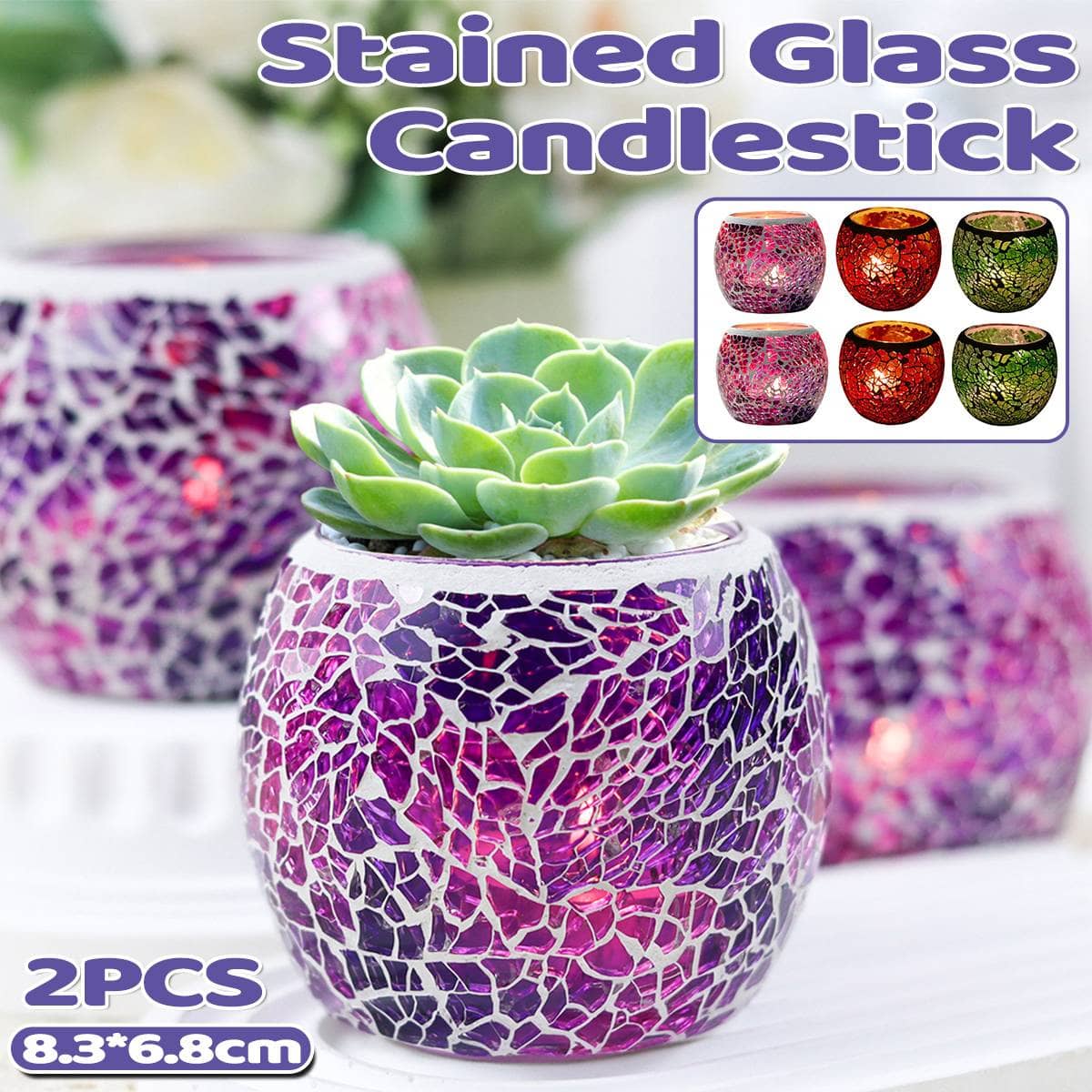 European Glass Mosaic Candle Holders, Pack of 2 - Purple - view 2