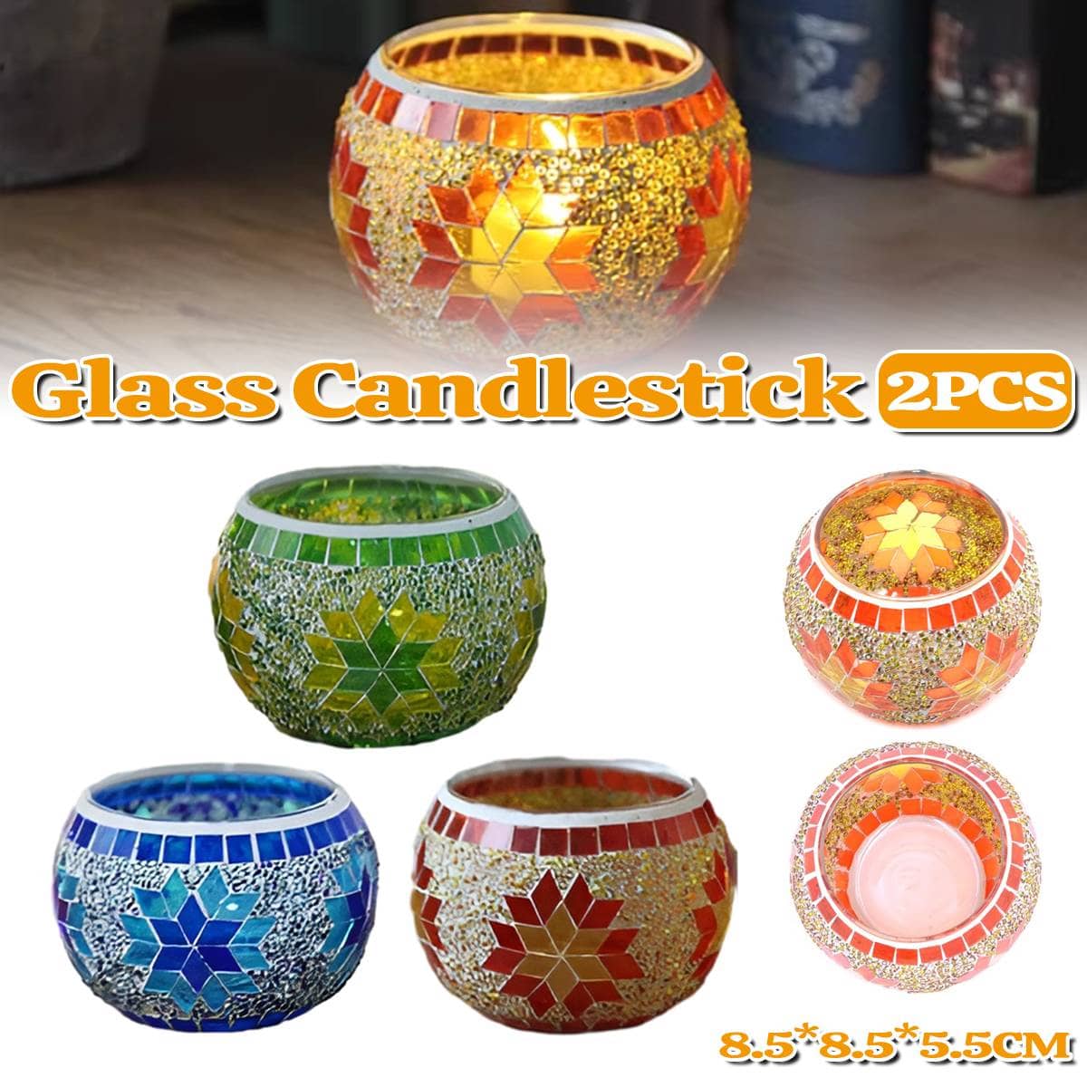 European-Style Mosaic Glass Candle Holders, Set of 2 - Blue - view 2