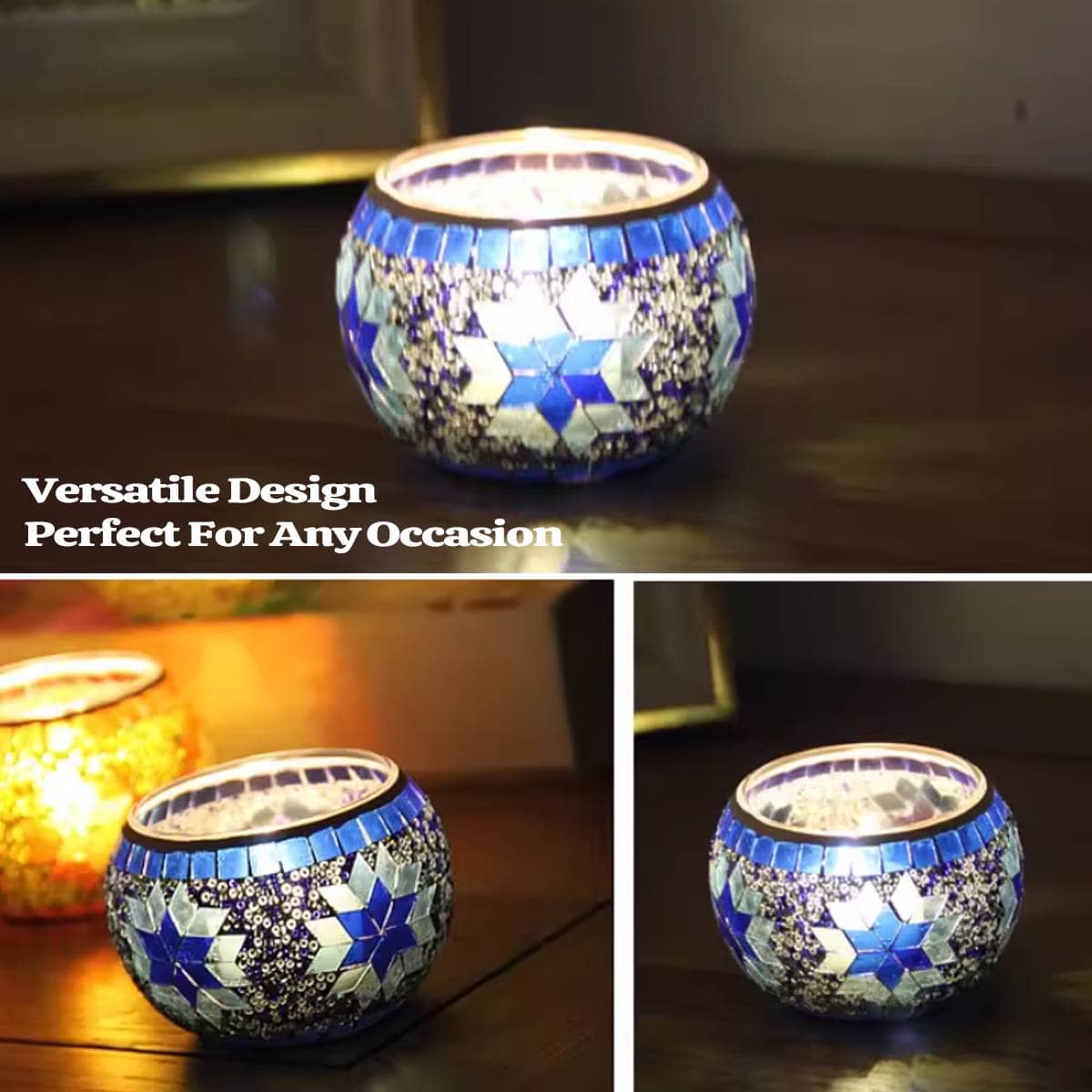 European-Style Mosaic Glass Candle Holders, Set of 2 - Blue - view 5