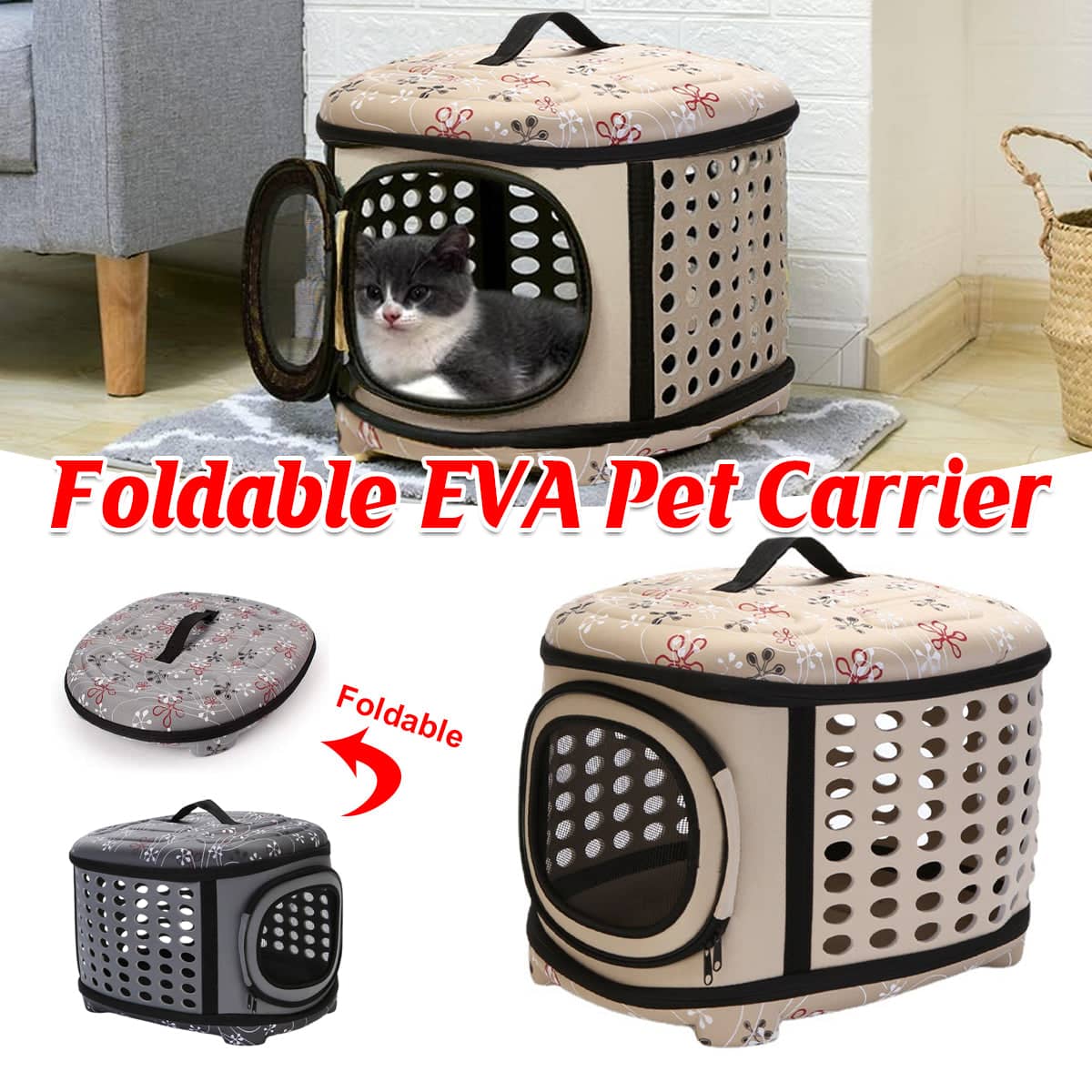 EVA Pet Carrier Travel Bag, Foldable Soft-Sided Crate - Grey - view 2