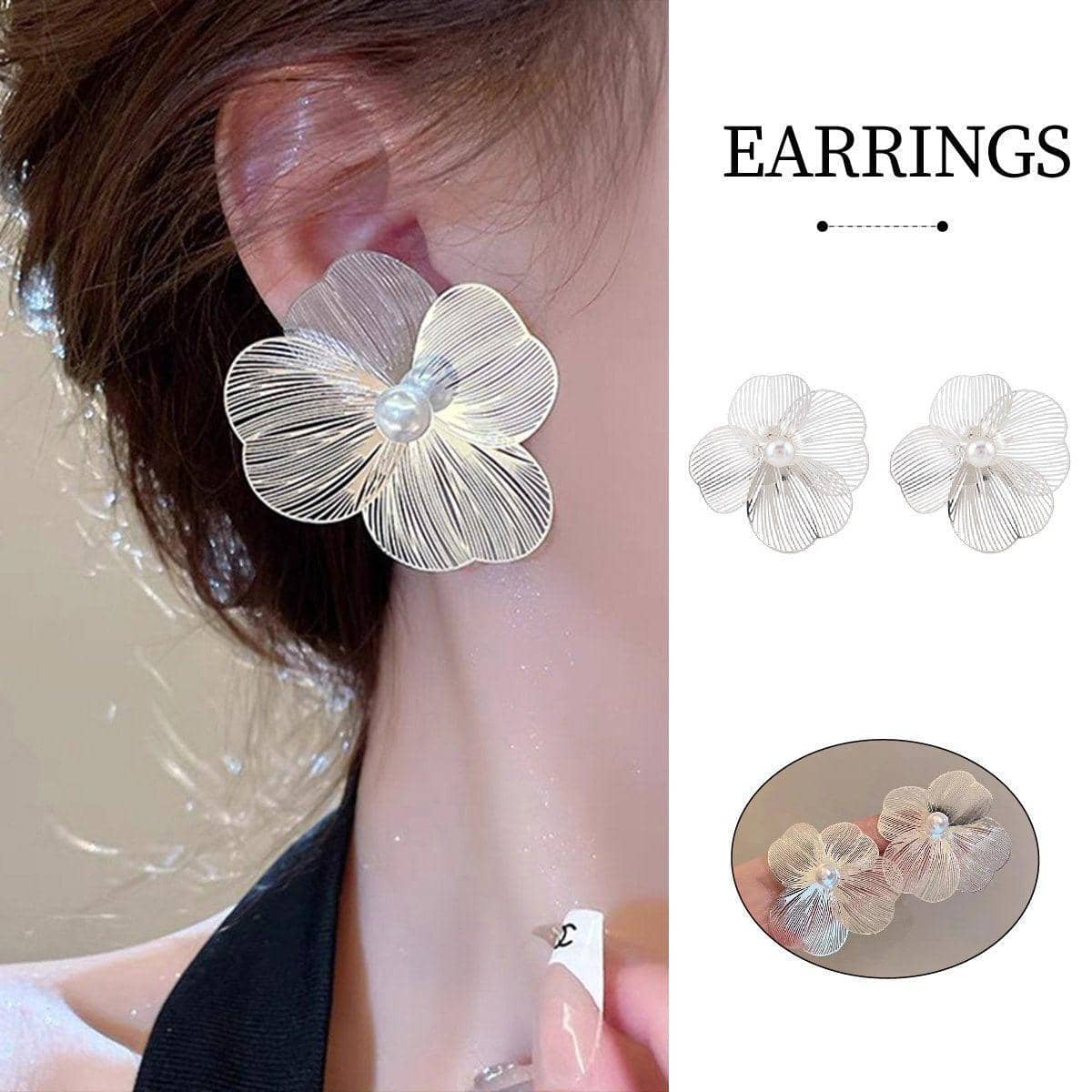 Exaggerated Large Flower Pearl Stud Earrings for Women Fashion Jewellery - Silver
